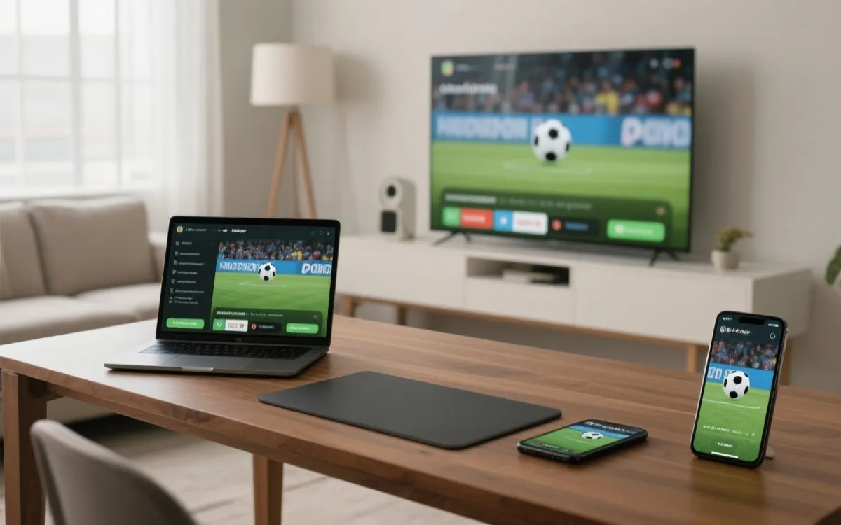 多设备观看体育直播的设置：电视、手机与笔记本的界面示意